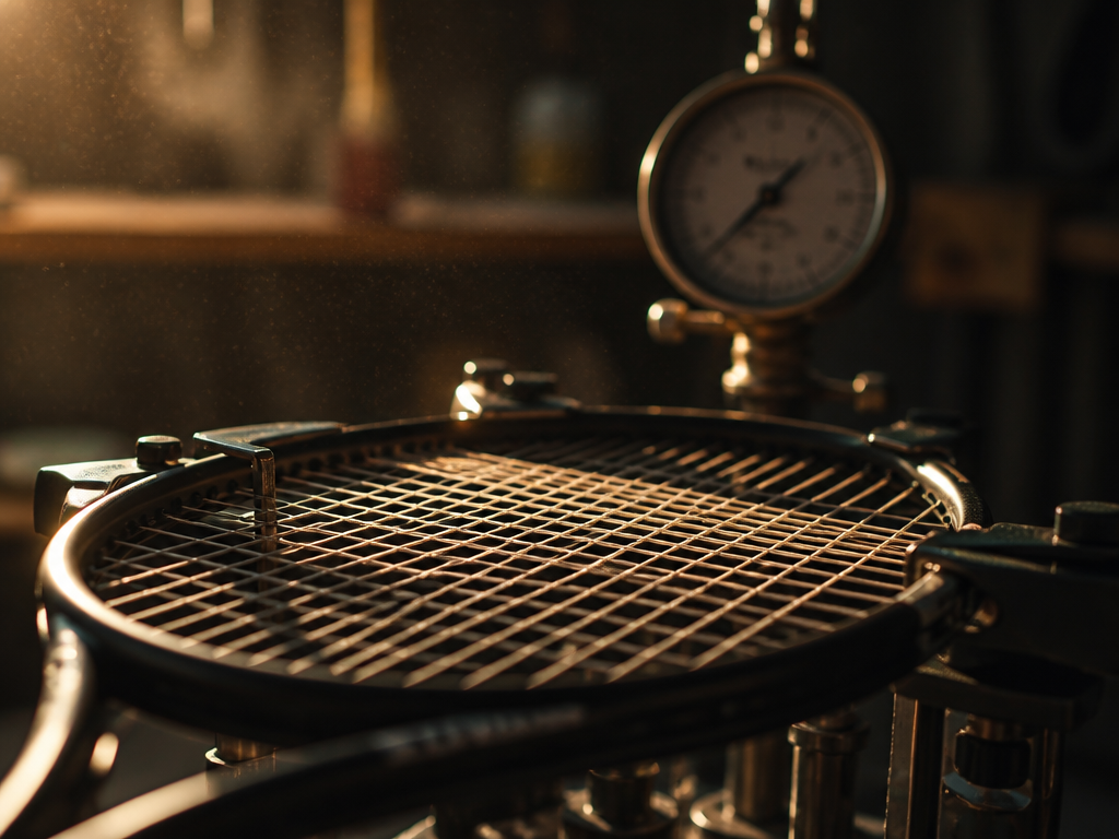 A moody, atmospheric shot of a single tennis racquet resting on the taut mesh…