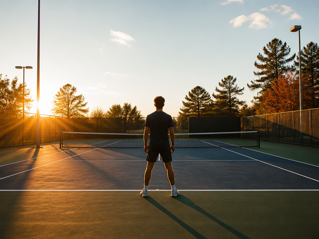 A wide, cinematic photograph of an empty outdoor hard court at golden hour, three…