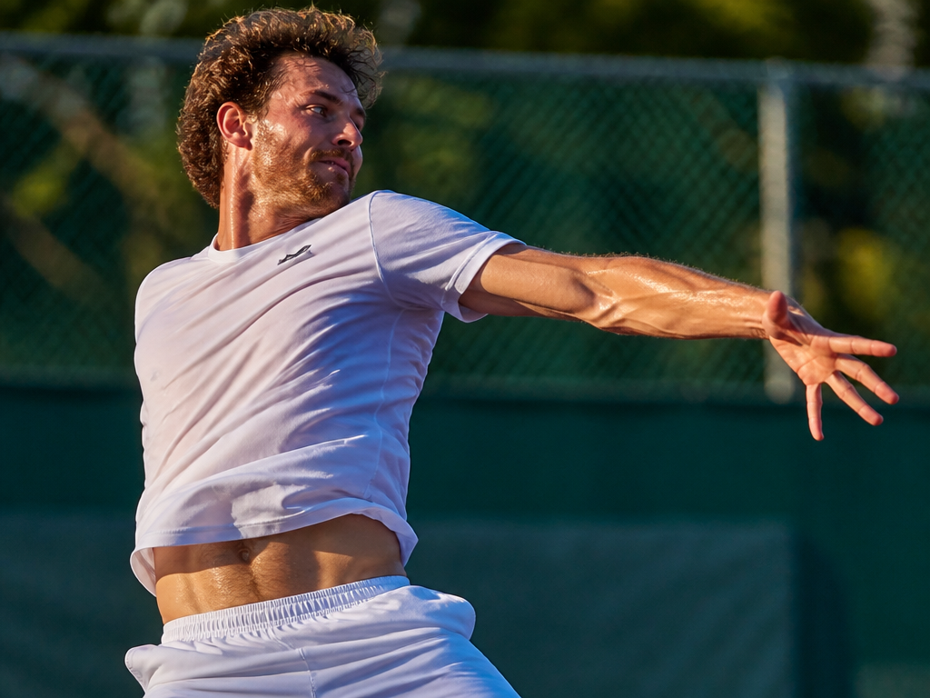 A photorealistic action photograph of a male tennis player mid-forehand on a sunlit hard…