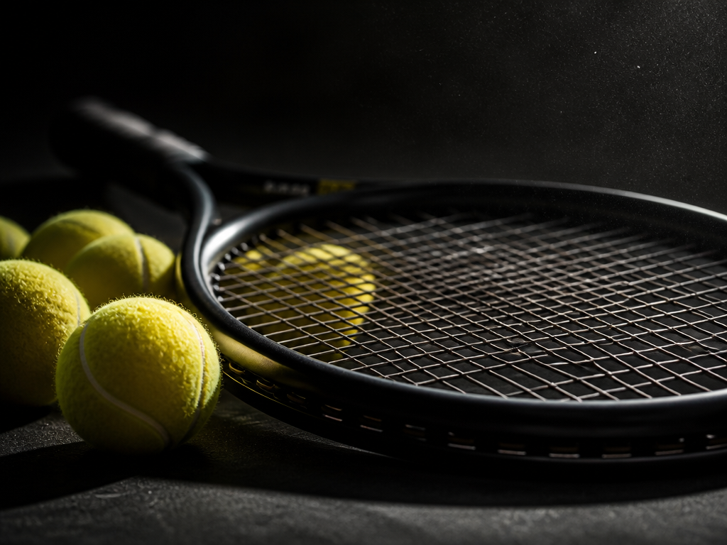 A close-up photorealistic studio photograph of a single tennis racquet resting on a dark…