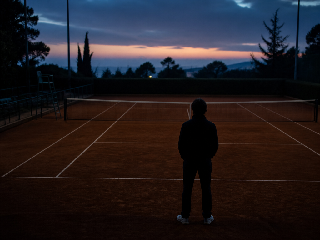 A photorealistic photograph of a lone coach standing at the edge of an empty…