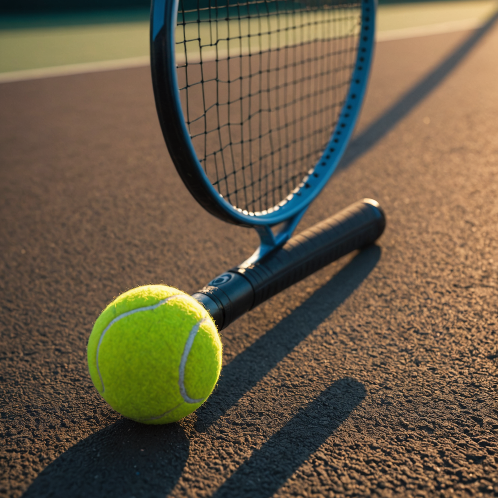 Close-up macro photograph of a tennis racquet handle resting on a hard court surface…