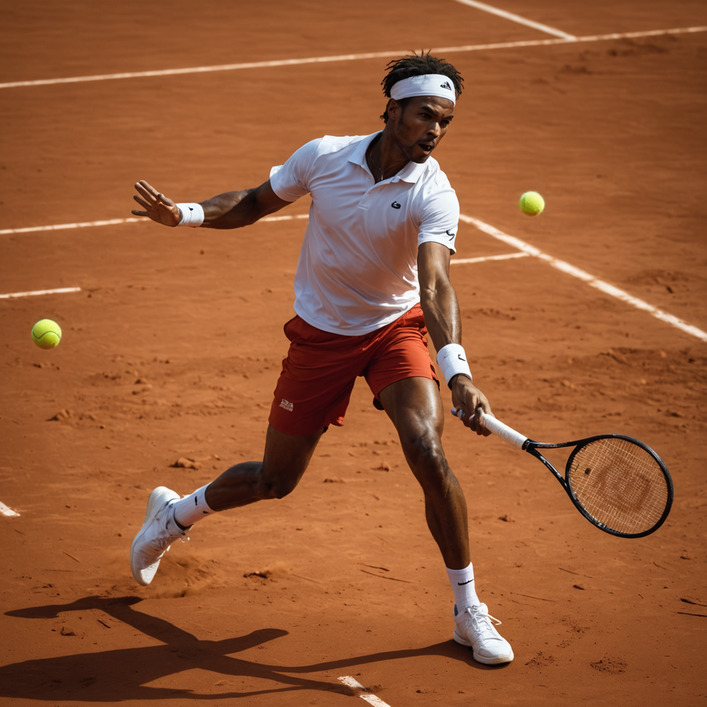 Wide dynamic action photograph of a tennis player mid-forehand swing on red clay, captured…