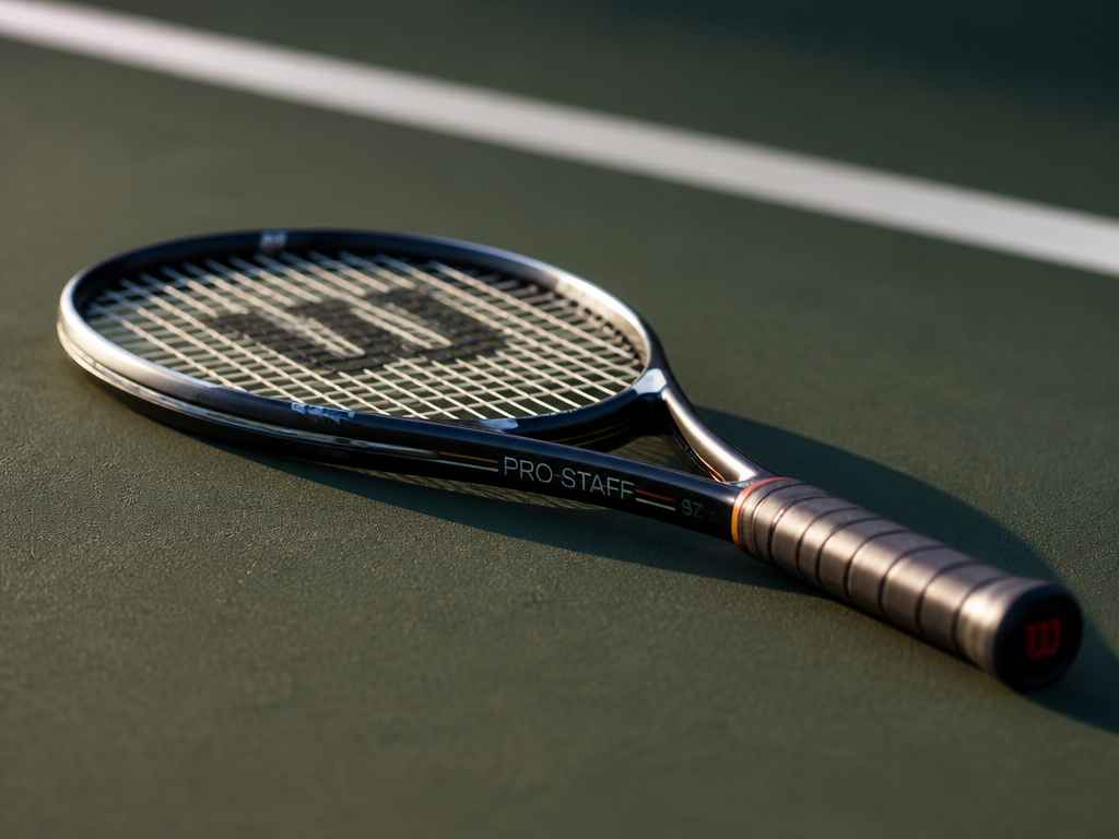 A professional photograph of a single 98-square-inch tennis racquet resting face-up on the taut…