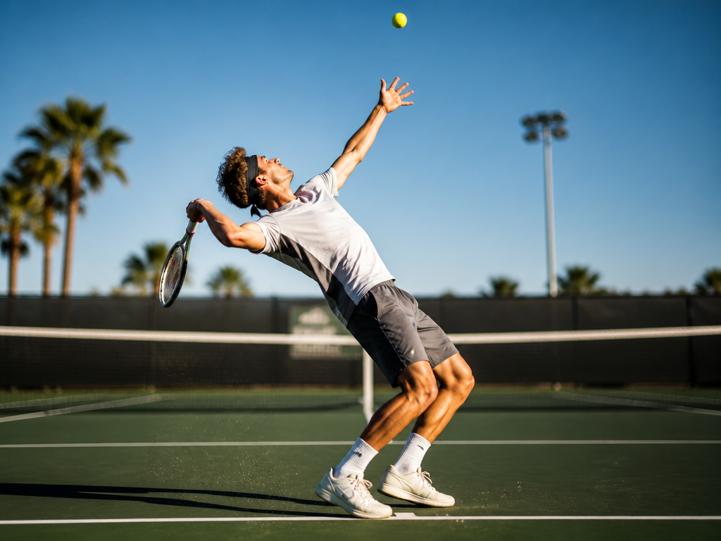 A tightly composed action photograph of a tennis player captured mid-service motion on a…