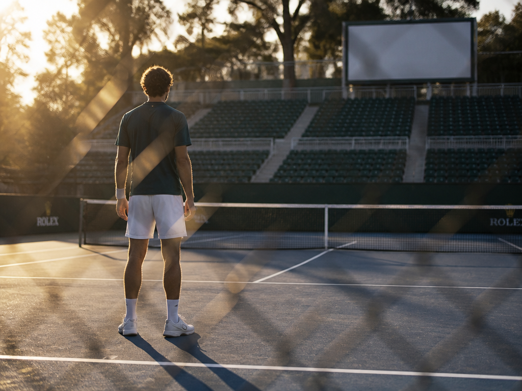 A photorealistic documentary photograph taken courtside at an outdoor hard-court tennis championship in late…