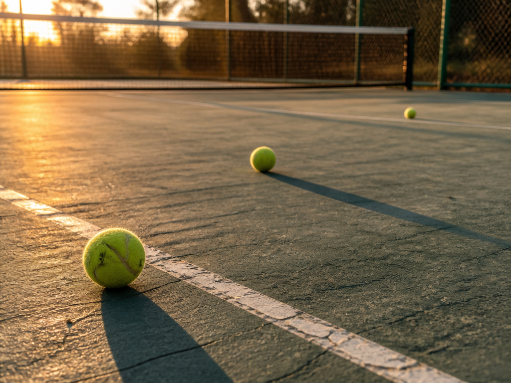 A weathered outdoor hard court photographed at golden hour from a low three-quarter angle…