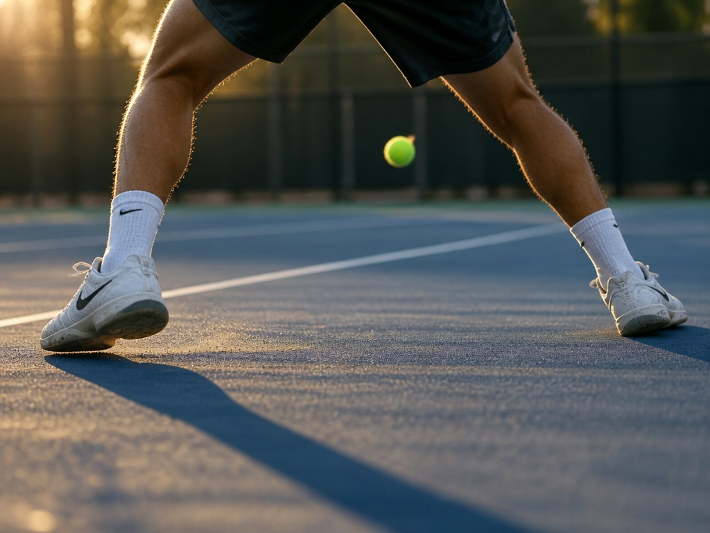 A low, ground-level photograph on an outdoor hard court at golden hour, focused entirely…