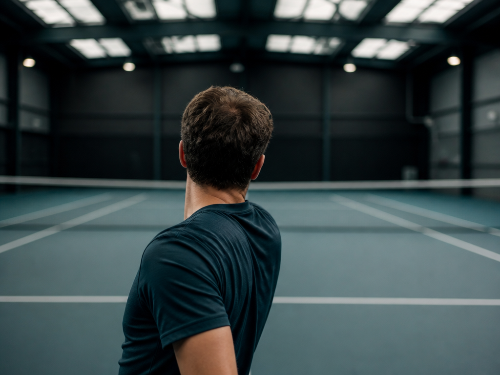 A quiet indoor court photographed from behind and slightly above, a single adult player…