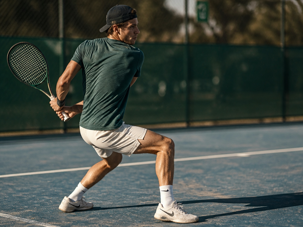 Photorealistic side-angle sports photograph of an amateur tennis player mid-backhand preparation on a weathered…