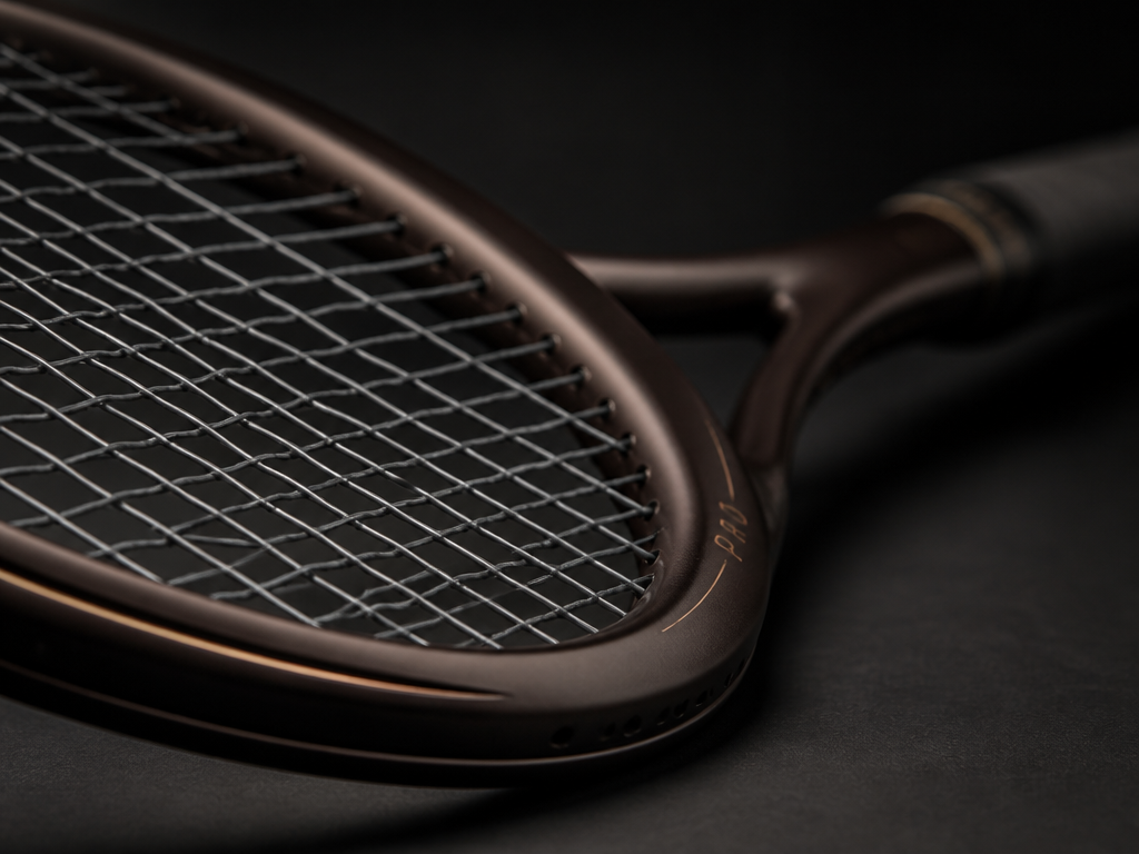 A close-up product still life of a matte espresso-brown tennis racquet head resting at…