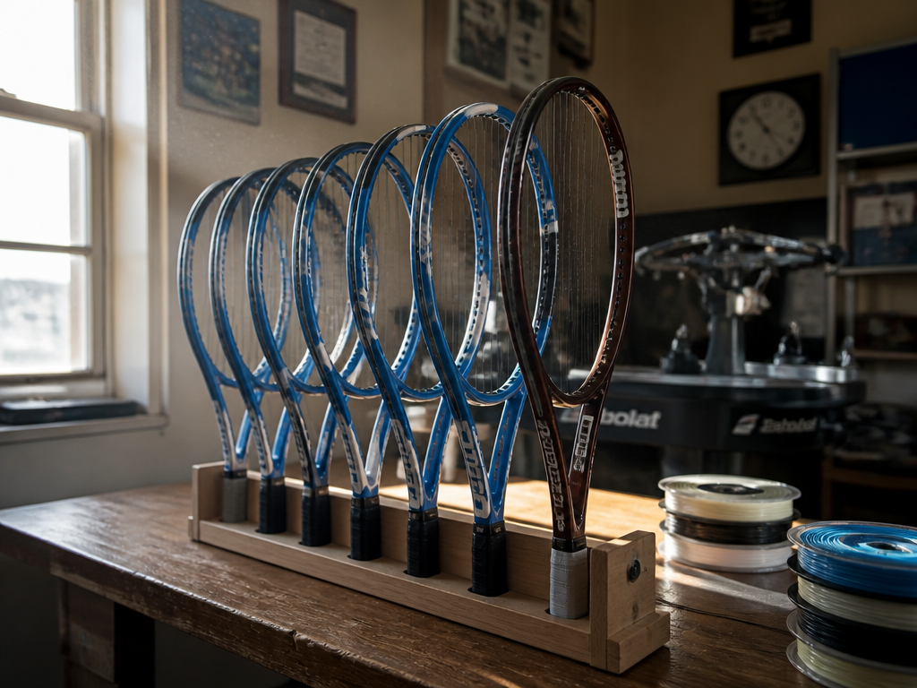 A quiet indoor tennis club stringing room photographed in natural window light, a wooden…