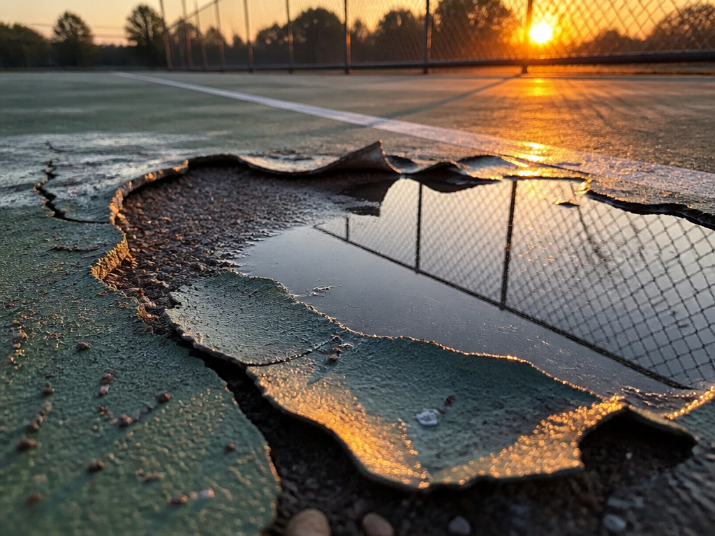A tight low-angle photograph of a weathered outdoor public tennis court surface at golden…