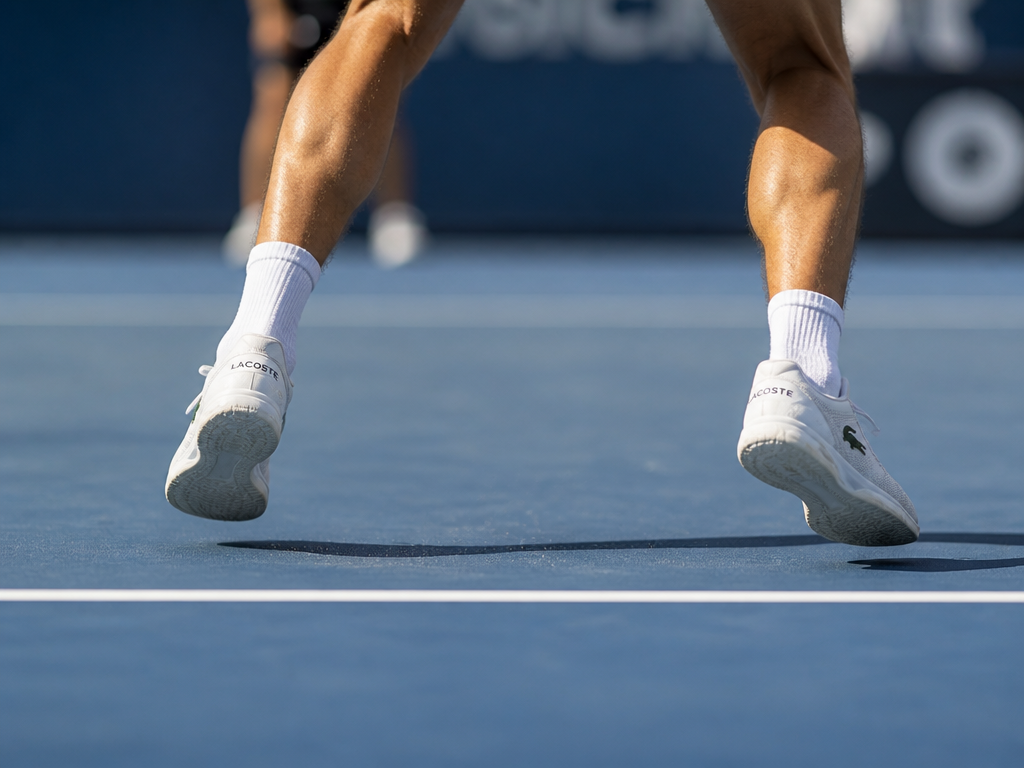 A low, ground-level photograph from just behind the baseline of an outdoor hard court…