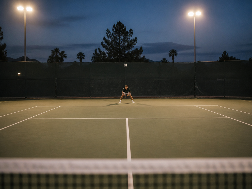 A wide, slightly elevated photograph looking down the length of an empty-feeling tennis court…