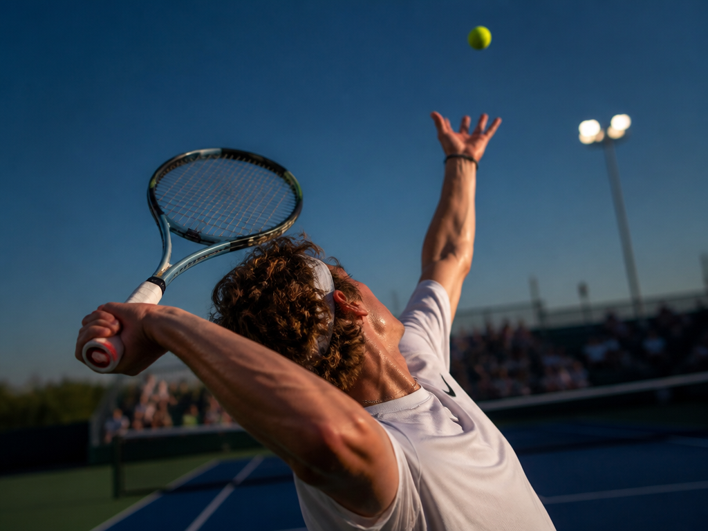 A photorealistic close-up action photograph of a tennis player at full trophy-pose extension during…