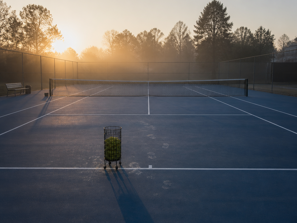 A photorealistic wide environmental photograph of an empty outdoor hard court at dawn seen…