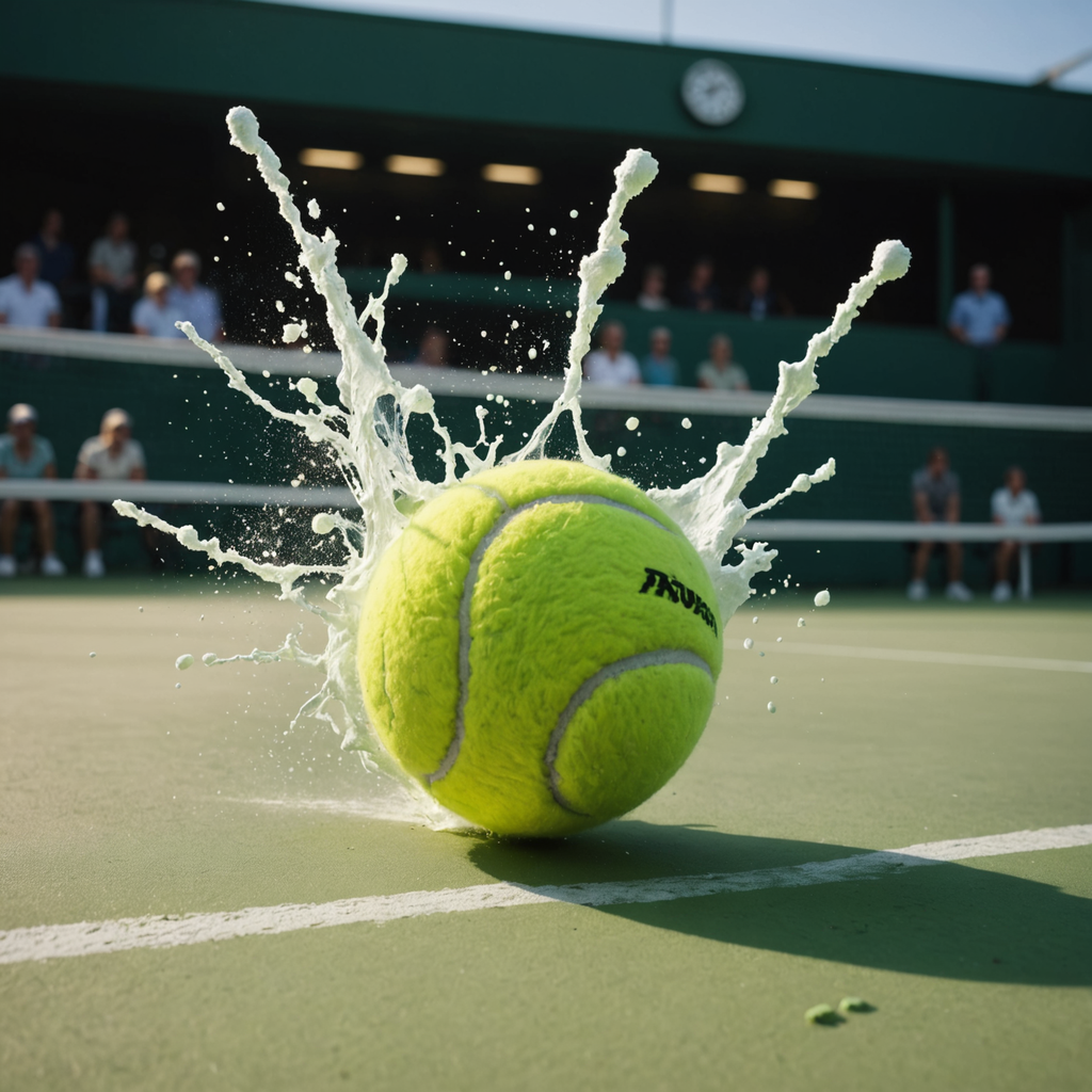 Low-angle action photograph of a tennis ball frozen in mid-air just after striking the…