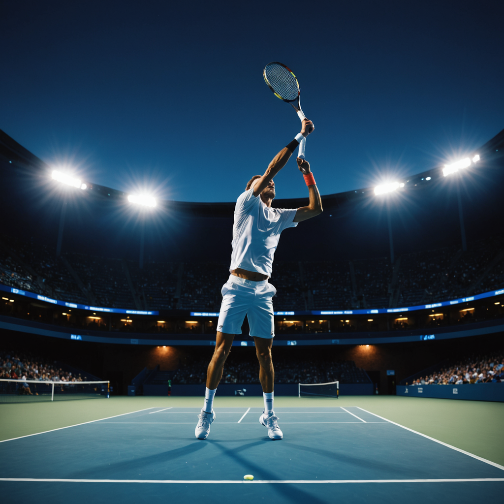 Wide elevated photograph of a professional tennis player mid-serve at the peak of the…