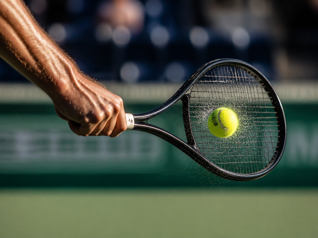 A photorealistic close-up action photograph of a tennis player's forearm and racquet frozen at…