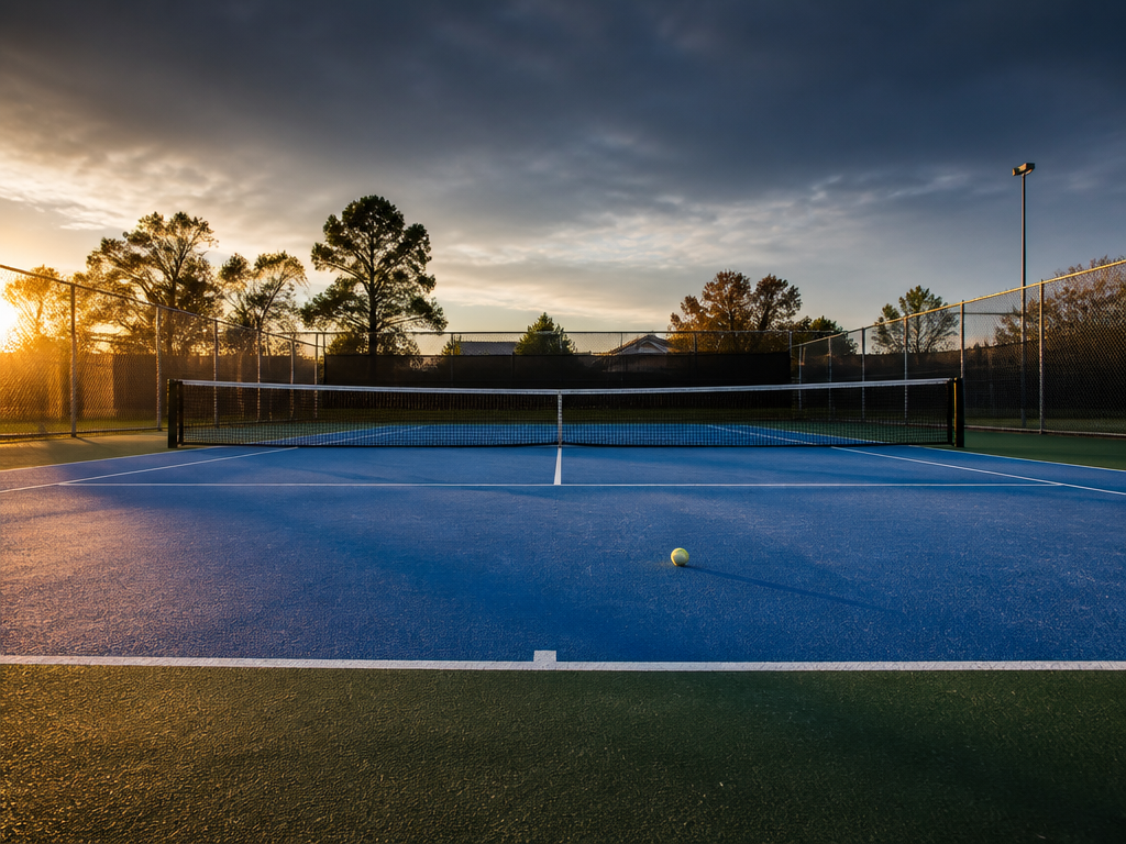 A photorealistic wide photograph of an empty outdoor hard court at golden hour, viewed…