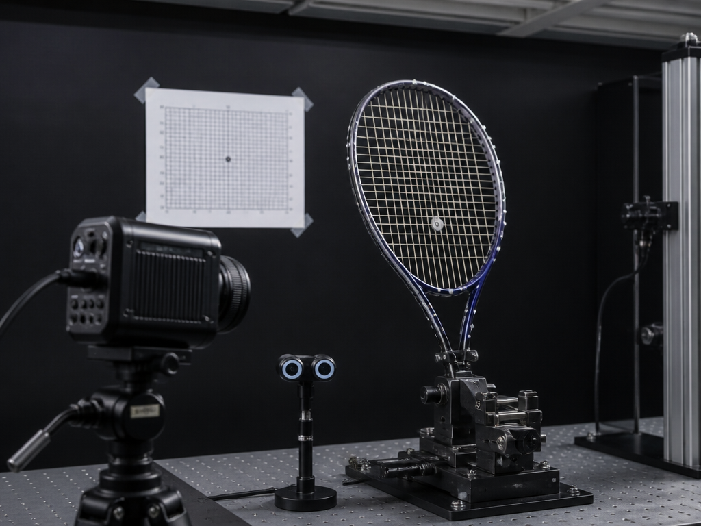 A photorealistic photograph of a laboratory bench in a sports-science lab, a tennis racquet…