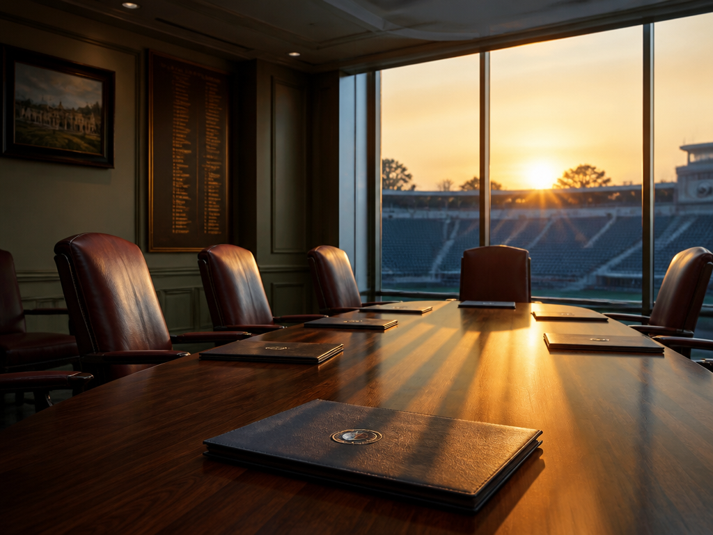 A wide, quiet conference room photographed at dusk: five empty leather chairs arranged around…