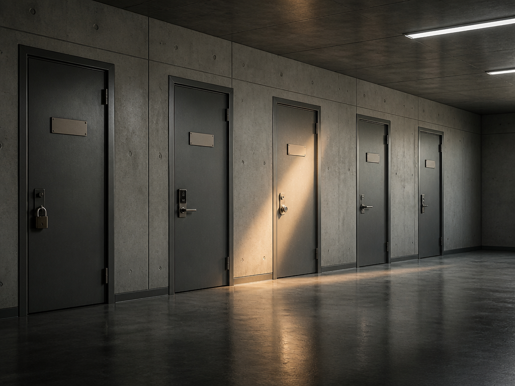 A wide, low-angle photograph of five identical closed doors set into a long institutional…