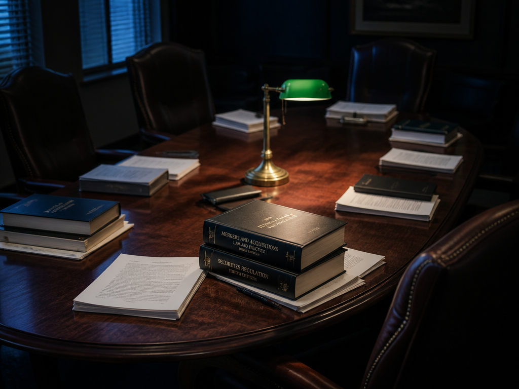 An overhead photograph of a large oval boardroom table in dark walnut, five empty…