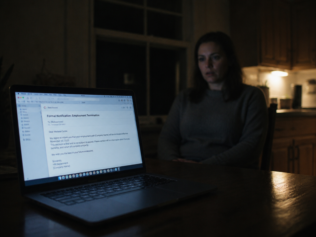A close-up photorealistic photograph of a laptop screen glowing on a dark kitchen table…