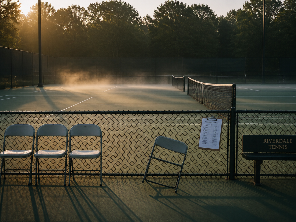 A photorealistic wide shot of an empty outdoor tennis court at dawn, four folding…