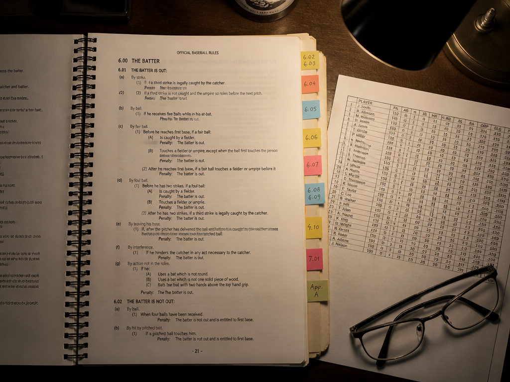 A photorealistic overhead flat-lay photograph of a cluttered desk under a single desk lamp…