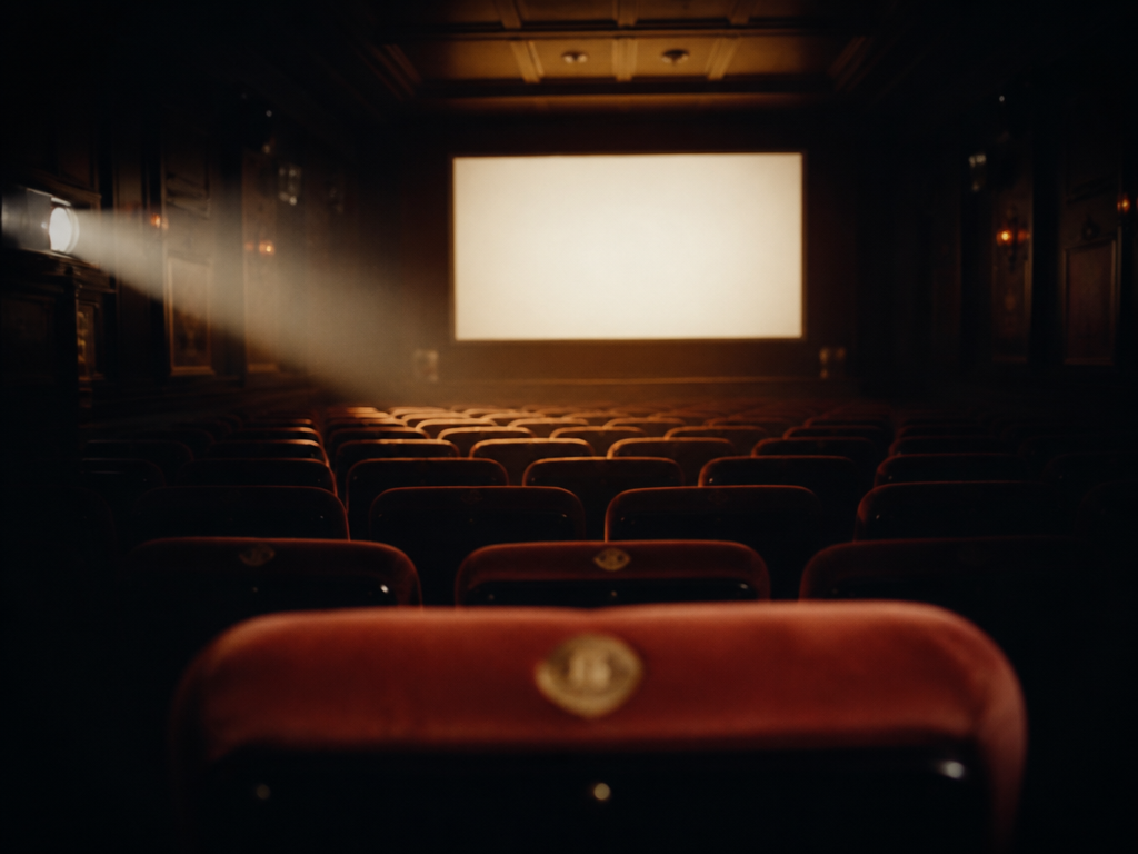 A dimly lit private screening room photographed from the back row, a single empty…