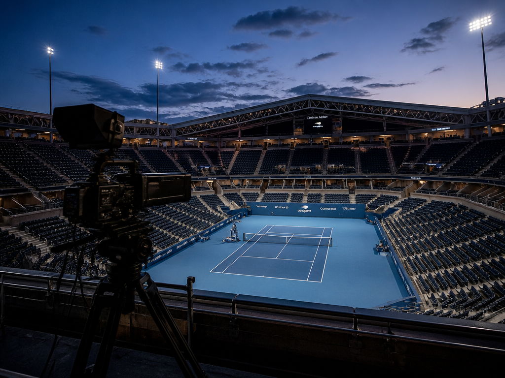 An empty professional tennis stadium at dusk photographed from a high broadcast position, a…