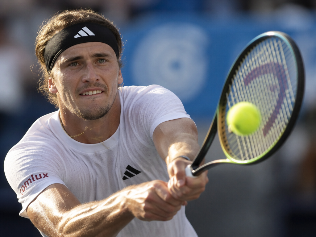 A close-up action photograph of a tennis player at the net in the split-second…