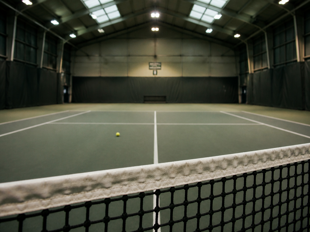 A wide, quiet photograph of an empty indoor tennis court at the service line…