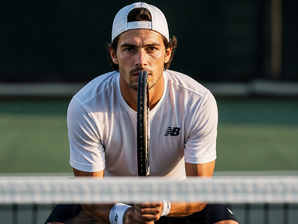A tightly cropped photograph of a tennis player standing still at the net inside…