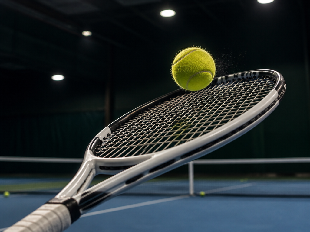 A photorealistic action photograph of a yellow tennis ball caught mid-flight a few inches…