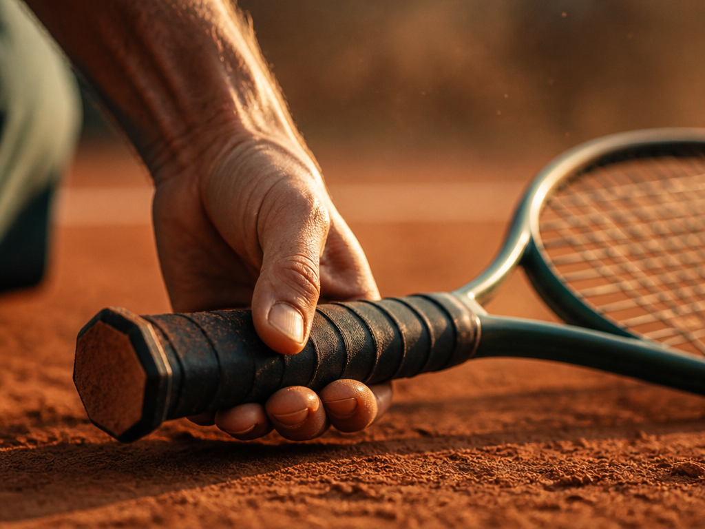 A photorealistic close-up sports photograph of a player's left hand wrapped around the grip…
