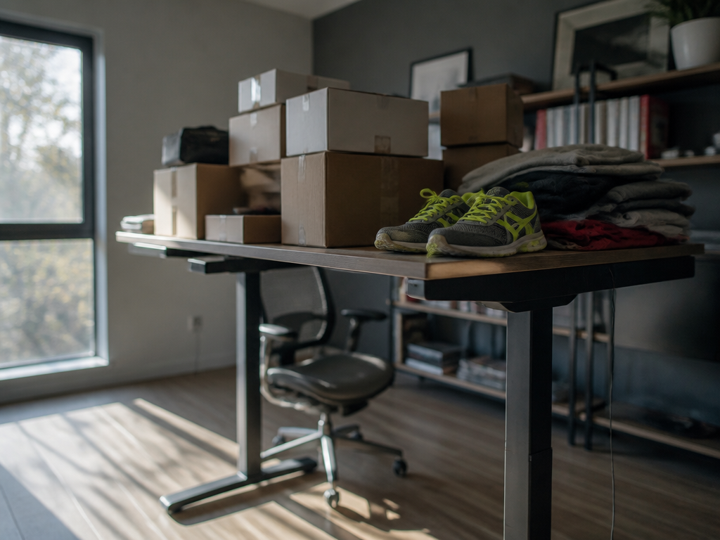 A photorealistic wide-angle photograph of a modern home office at mid-morning, shot at eye…