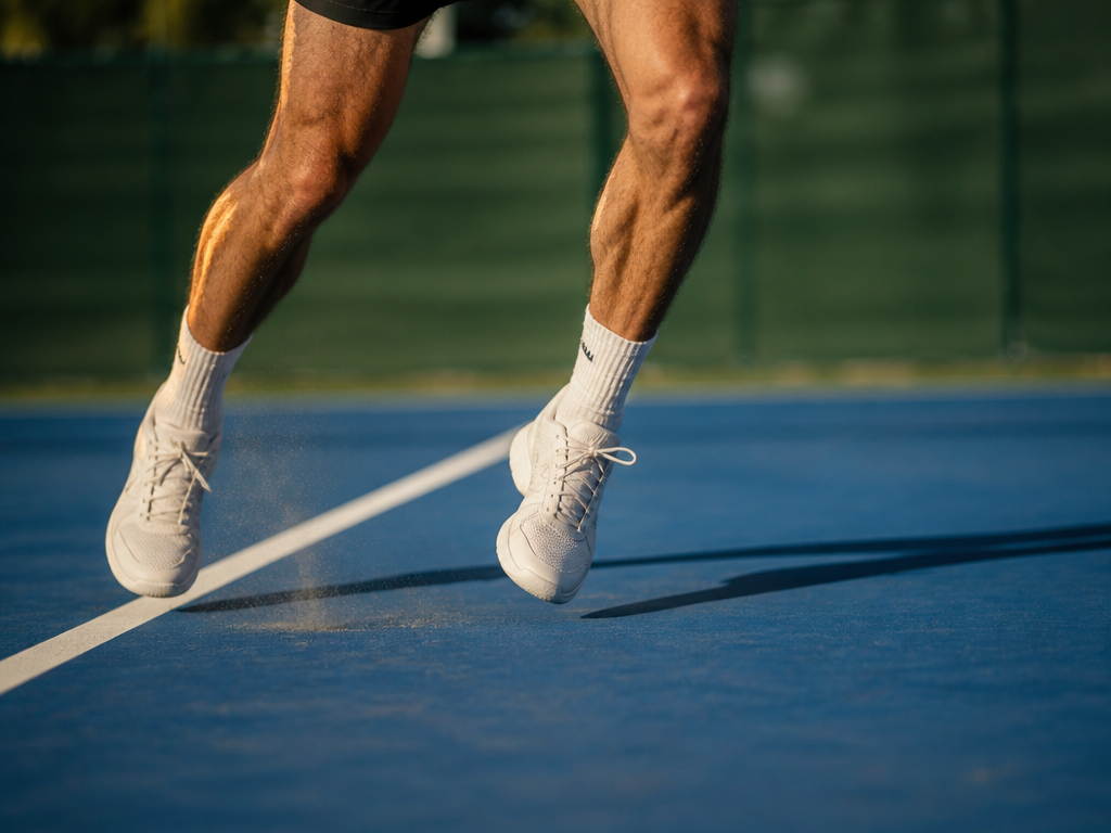 A photorealistic low-angle photograph taken at court level on an outdoor hard court in…