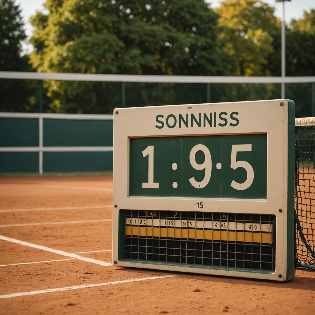 A close-up photograph of a vintage tennis scoreboard mounted on a sunlit clay court…