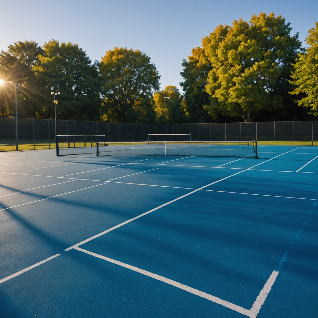 Wide-angle ground-level photograph of three adjacent outdoor hard tennis courts at a public facility…
