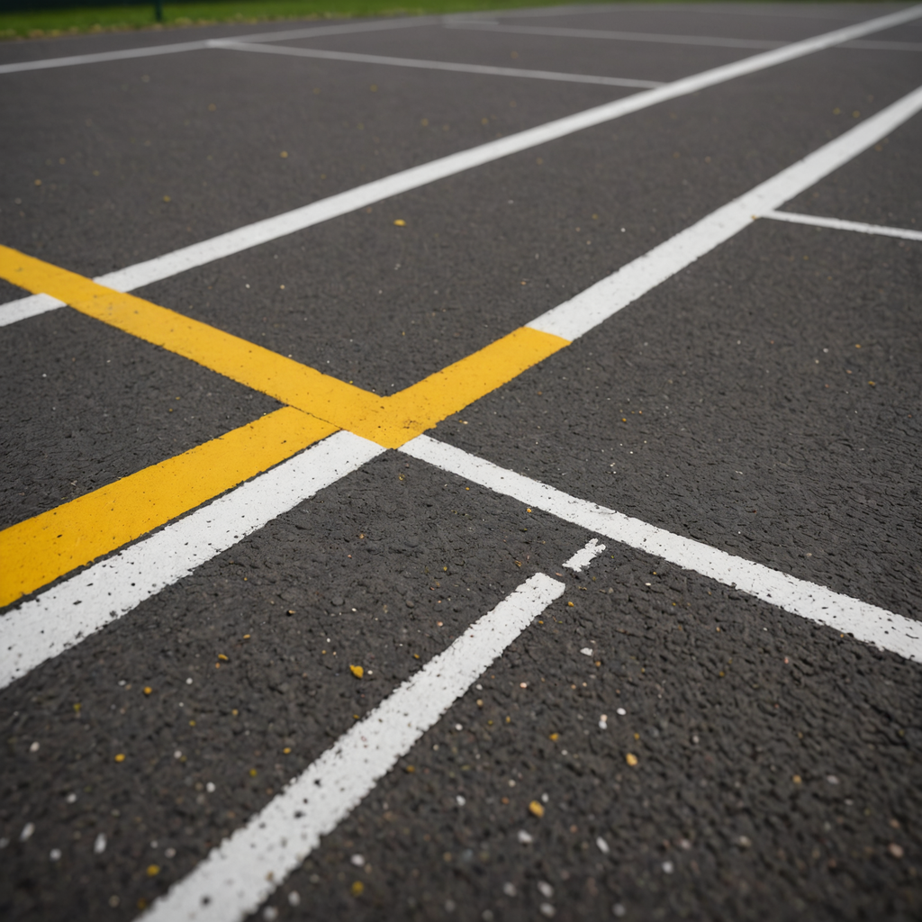 Close-up macro photograph of a worn white painted service line on a weathered acrylic…