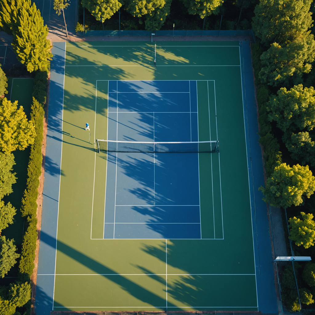 Overhead aerial photograph of an empty blue and green hard tennis court at golden…