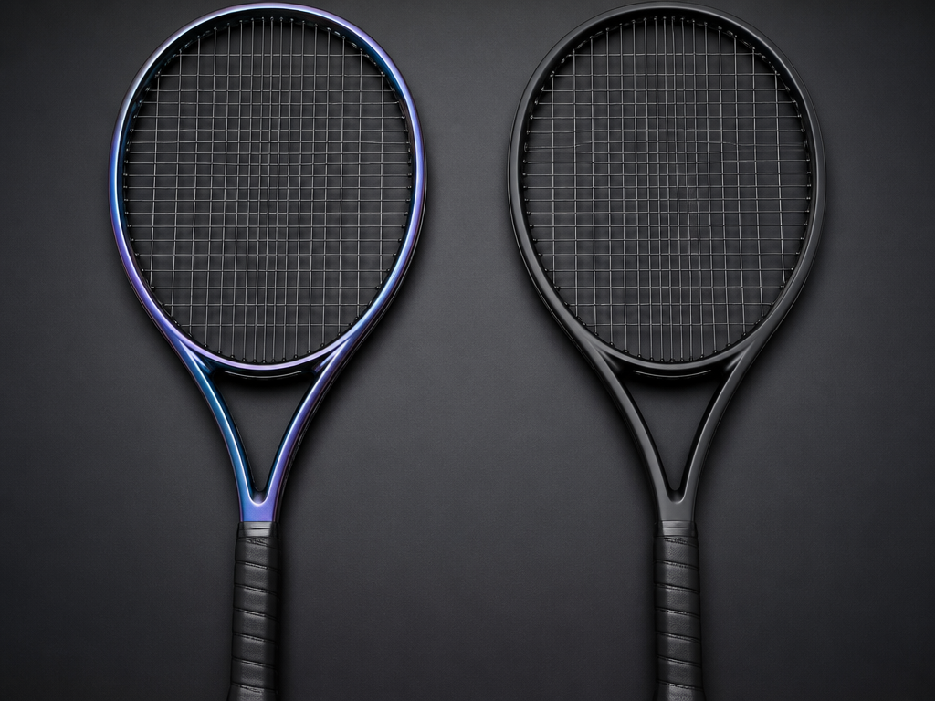 Studio product photograph of two identical tennis racquet frames lying side by side on…