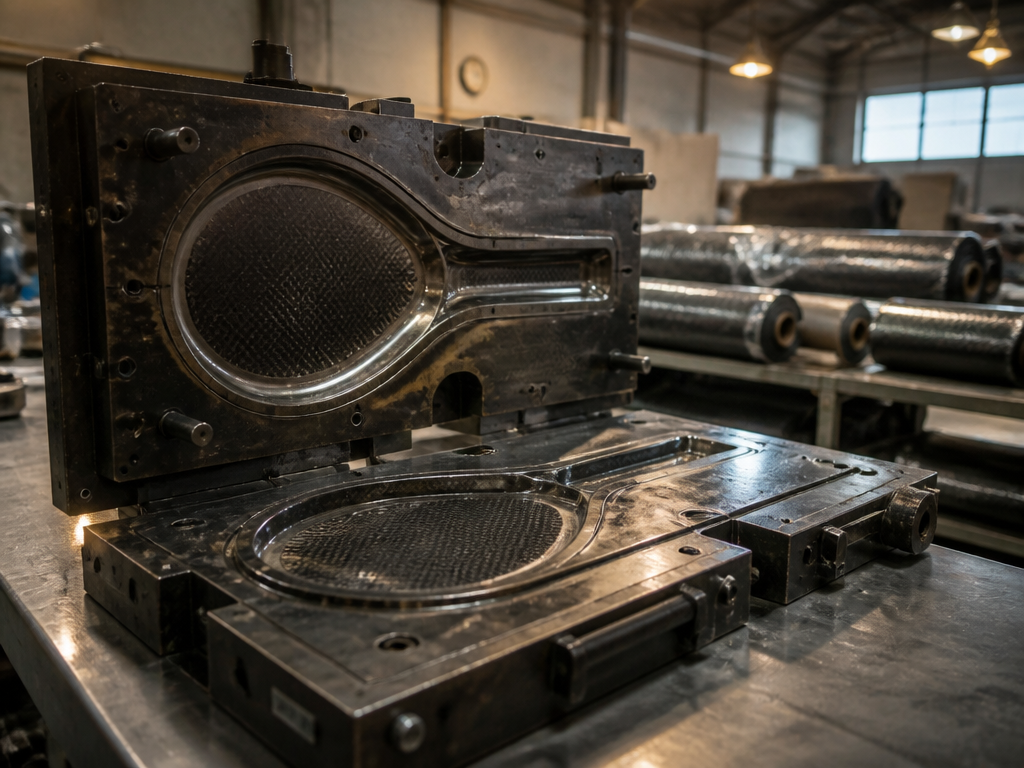 Photorealistic factory interior photograph of a hard composite racquet mold sitting open on a…