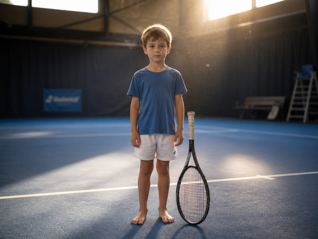 A boy of about seven standing barefoot on a sunlit indoor tennis court, arms…