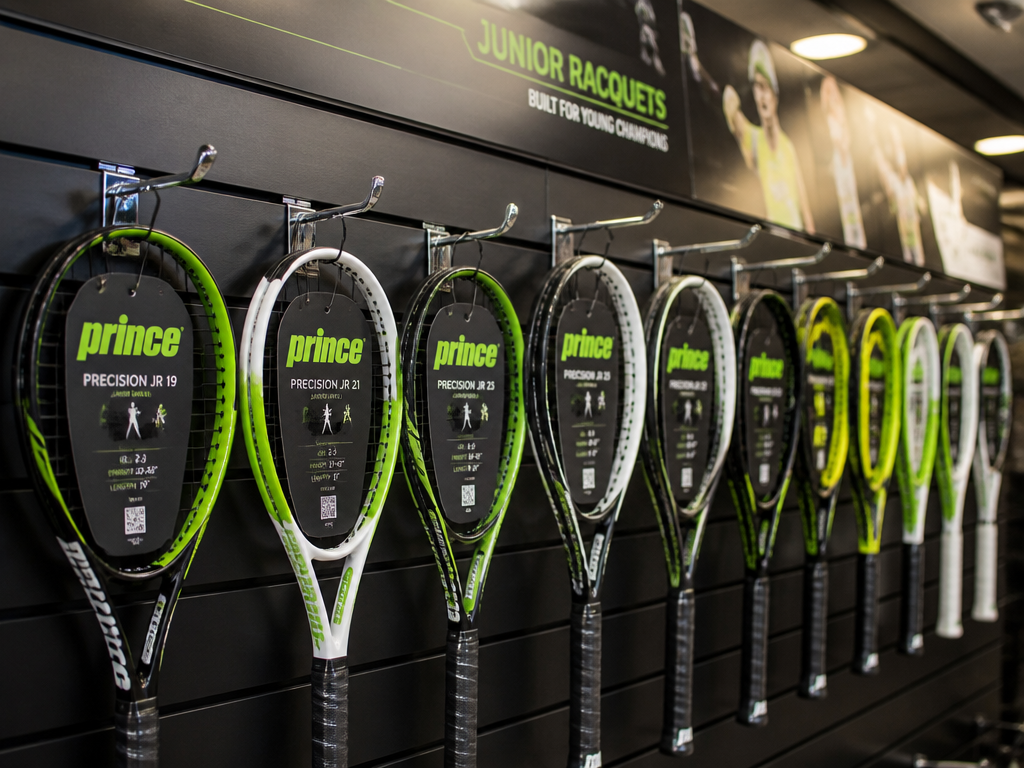 A retail wall display of junior tennis racquets arranged by length from shortest to…