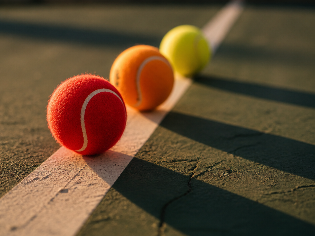 Three tennis balls resting on the painted white baseline of an outdoor hard court…